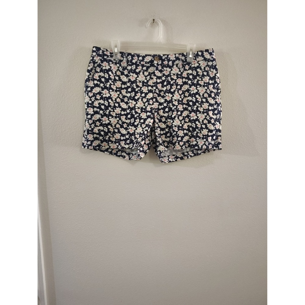 Faded Glory Womens Navy Blue Floral Chino Shorts Size 14 Cotton Stretch Casual